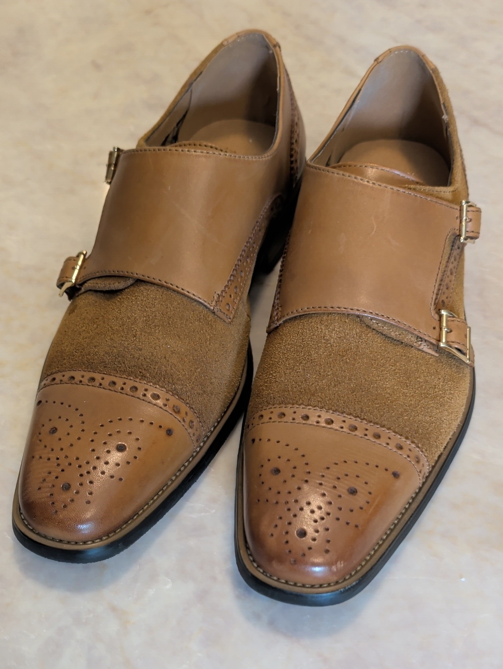 Men's Brown Double Monk Strap Oxfords - Leather & Suede